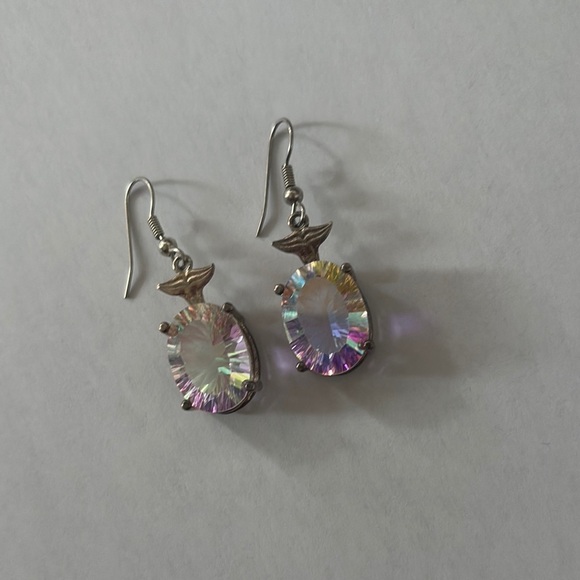 Iridescent sheer color oval shape gemstone Drop Earrings fishhook post - Picture 3 of 6